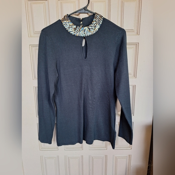 Venus Blue/Gold Sequin Collar Sweater SzL Long Sleeve Smooth Knit Classic - Picture 3 of 12